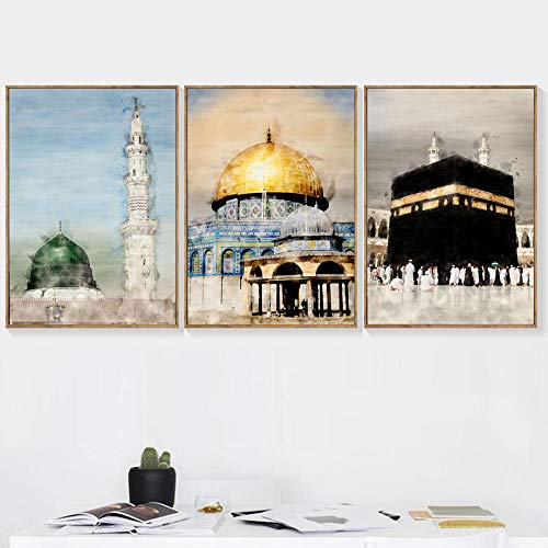 VUSMH Islamische Kultur Wandbilder Jerusalem Landschaft Leinwand Gemälde Goldene Kuppel Moschee Poster Wohnzimmer Schlafzimmer Wanddekoration Bild 40x60cmx3 Kein Rahmen von VUSMH