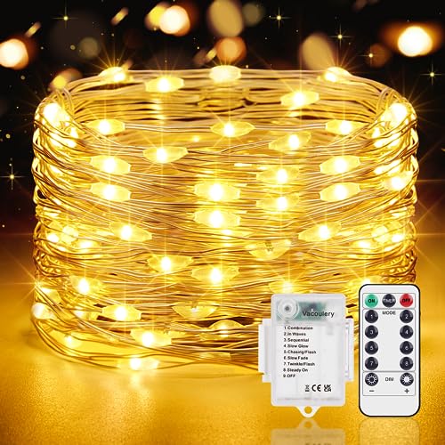 Vacoulery Lichterkette Batterie Timer 1 Stück 12M 12 LED Lichterkette mit Batterie 8 Modus Lichterkette Batterie mit Timer und Fernbedienung für Zimmer Terrasse Innen Außen Dekoration(Warmweiß) von Vacoulery