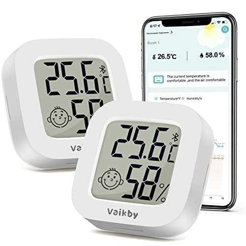 2Pack Vaikby Bluetooth Indoor Hygrometer Thermometer - Smart Digital Feuchtigkeitsmessgerät with App, Precise Luftfeuchtigkeitsmesser & Raumthermometer, Data Storage for Home, Greenhouse, Wine Cellar von Vaikby