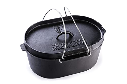 Valhal Outdoor Feuertopf 9L (Dutch Oven) - Gusseisen - Oval, ohne Füße, Grilldeckel von Valhal Outdoor