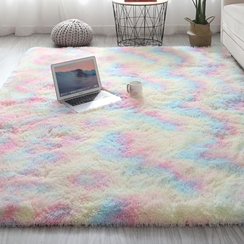 VanderHOME Rechteckig Teppich Weich und Flauschig LangflorModern Teppiche Langer Plüsch-Teppich Dicker Plüschteppich fürs Wohnzimmer Schlafzimmer Teppiche Regenbogen-100 * 160cm von VanderHOME