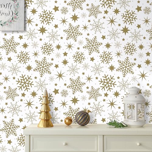 VaryPaper Selbstklebende Tapete Muster Gold Schneeflocken 44.5cmx200cm Klebefolie Weiß Matt Selbstklebende folie für Möbel Möbelfolie Kinder Selbstklebend Fototapete Schlafzimmer Wohnzimmer Schrank von VaryPaper