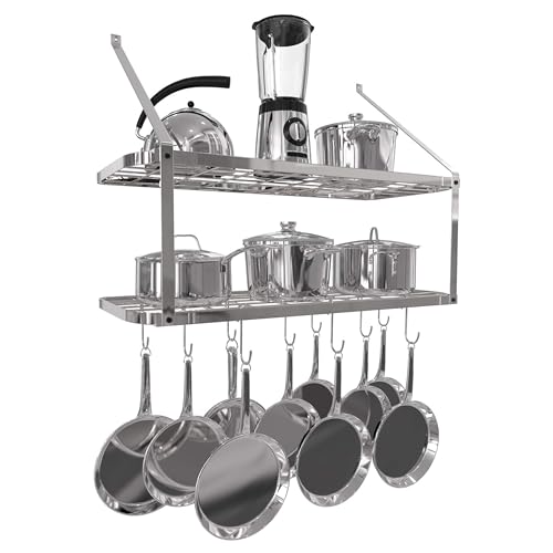 Vdomus Hanging Pot und Pan Rack - Wand montiertes Hang -Topfregal für Küchenlager und Organisation - Silber 2 -tierende Wandregal für Töpfe und Pfannenaufbewahrung von Vdomus