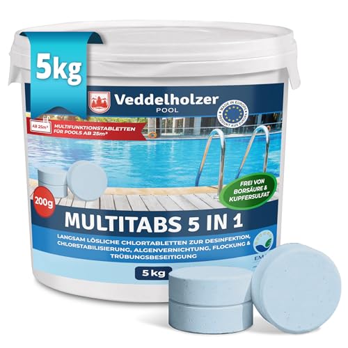 Veddelholzer 5 kg Multitabs 5 in 1 Chlortabletten für Pool als 200g Tabletten für große Pools ab 25m³ Pool Zubehör für Pools langsam lösliche, langzeit Chlor Tabletten zur Reinigung & Desinfektion. von Veddelholzer