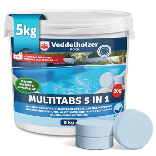 Veddelholzer 5 kg Multitabs 5 in 1 Chlortabletten für pool als 20g Tabletten für Pools von 10 m³ bis 30 m³Pool Zubehör für Pools langsam lösliche, langzeit Chlor Tabletten zur Reinigung & Desinfektion von Veddelholzer