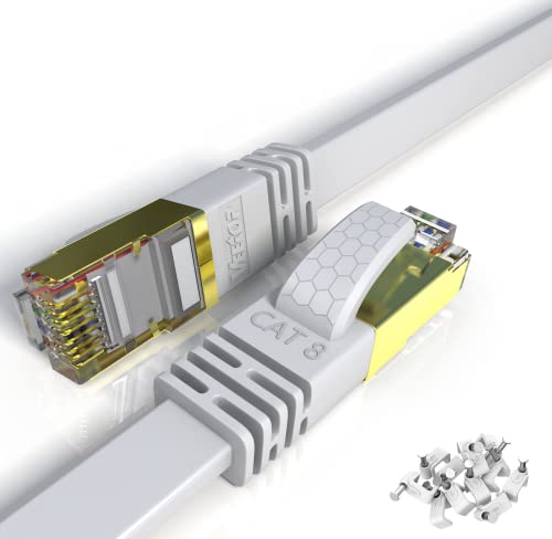 Veetop Lan Kabel 15 Meter Netzwerkkabel Cat 8 Flaches Internetkabel für 40 Gigabit Ethernet mit vergoldetem RJ45. 15m Weiß von Veetop