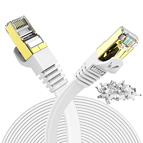 Veetop 20m Lan Kabel Cat 7 Netzwerkkabel Flach für 10 Gigabit Ethernet mit vergoldetem RJ45. Weiß von Veetop