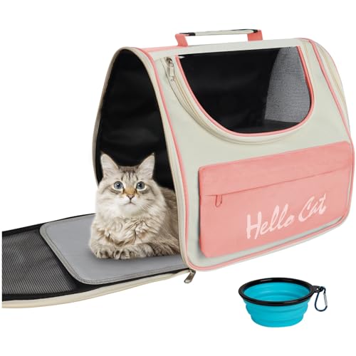 Katzenrucksack Katzentransporttasche Hunderucksack bis 7.5kg Tragbar Katzentasche Katzenrucksack Große Katzen Atmungsaktiv Haustier Rucksack mit Mehrere Eingänge, Sichtbare Fenster, Reisenäpfe (Rosa) von Vefhby