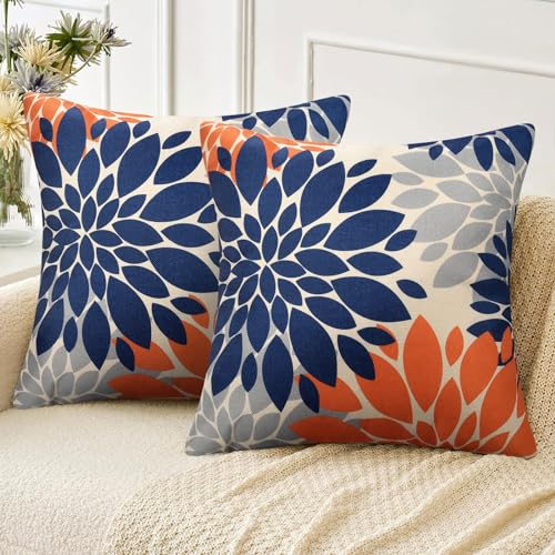 Velvhom Kissenbezüge Dekokissen Winter Leinen Kissenbezug Dekokissen Kissenhülle Sofakissen Dahlie Orange Blau Grau Deko Bezug Couchkissen Zierkissen Kissen für Sofa Wohnzimmer Schlafzimmer 50x50 cm von Velvhom