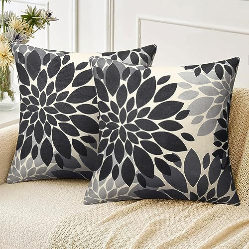 Velvhom Kissenbezug 40x40 cm Sofakissen Herbst Moderne Abstrakte Dahlie Blumen Schwarz und Grau Leinen Kissenhülle Zierkissen Modern Deko Kissen Bezug für Wohnzimmer Kinder Büro, 2er Set von Velvhom