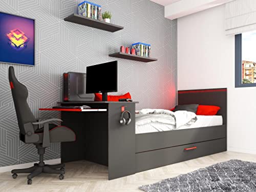 Vente-unique Ausziehbett Gamer mit Schreibtisch & LEDs + Lattenrost - 2 x 90 x 200 cm - Anthrazit & Rot - VOUANI von Vente-unique