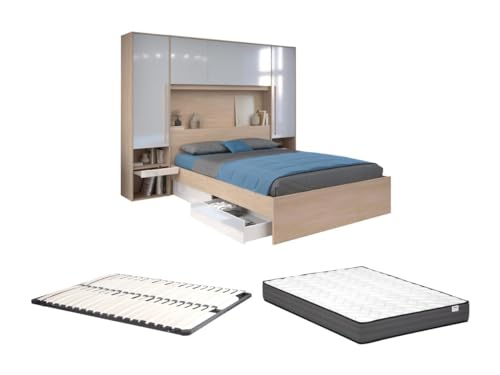 Vente-unique - Bett mit Stauraum + Lattenrost + Matratze - 140 x 190 cm - Mit LED-Beleuchtung - Holzfarben & glänzend weiß - VELONA von Vente-unique