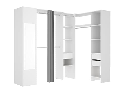 Vente-unique Eckkleiderschrank mit Vorhang & 1 Tür - Mit Spiegel - B 231 cm - Weiß & Grau - Bertrand von Vente-unique