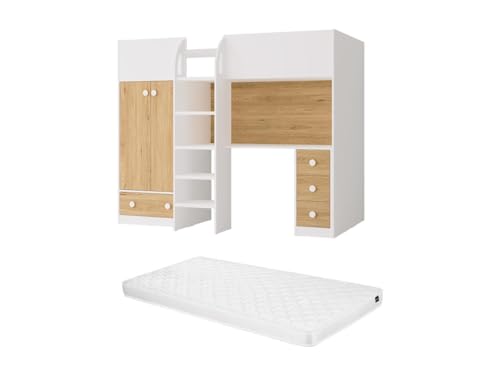 Vente-unique - Hochbett mit Kleiderschrank & Schreibtisch - 90 x 190 cm - Weiß & Holzfarben + Matratze - CINAMO von Vente-unique