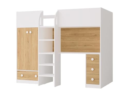 Vente-unique - Hochbett mit Kleiderschrank & Schreibtisch - 90 x 190 cm - Weiß & Holzfarben - CINAMO von Vente-unique