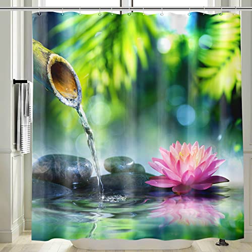 Vgzsyomqib 3D Zen Duschvorhang Anti Schimmel Wasserdicht für Badewanne Yoga Lotus Stoff Bad Vorhang Shower Curtains 120 x 200 Lang Grün Bambus Schwarz Duschvorhänge Waschbar Textil mit Haken von Vgzsyomqib