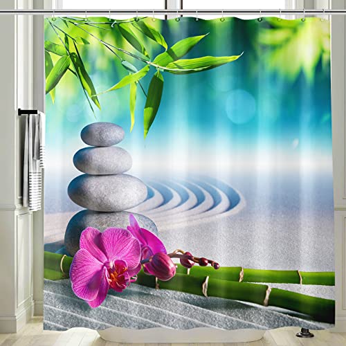 Vgzsyomqib 3D Zen Duschvorhang Anti Schimmel Wasserdicht für Badewanne Yoga Orchidee Stoff Bad Vorhang Shower Curtains 120 x 200 Lang Grün Bambus Grau Duschvorhänge Waschbar Textil mit Haken von Vgzsyomqib