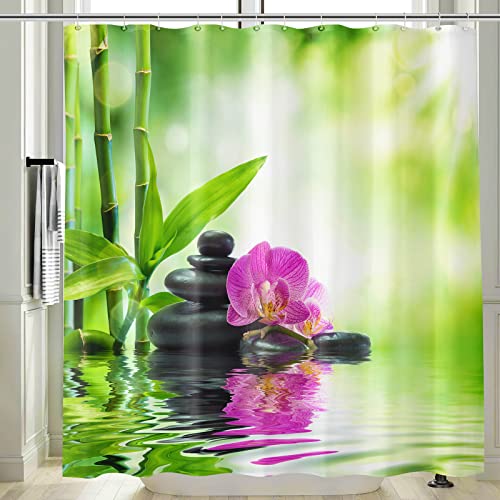 Vgzsyomqib 3D Zen Duschvorhang Anti Schimmel Wasserdicht für Badewanne Yoga Orchidee Stoff Bad Vorhang Shower Curtains 200x200 Lang Grün Bambus Gelb Duschvorhänge Waschbar Textil mit Haken von Vgzsyomqib