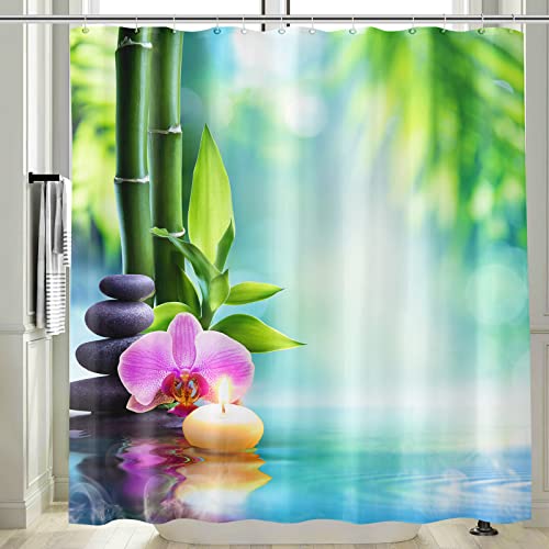 Vgzsyomqib 3D Zen Duschvorhang Antischimmel Wasserdicht für Badewanne Natur Orchidee Stoff Vorhang Shower Curtains 120 x 200 Lang Grün Bambus Blau Duschvorhänge Waschbar Textil mit Haken von Vgzsyomqib