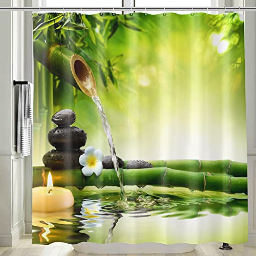 Vgzsyomqib 3D Zen Duschvorhang Antischimmel Wasserdicht für Badewanne Natur Orchidee Stoff Vorhang Shower Curtains 120 x 200 Lang Grün Bambus Gelb Duschvorhänge Waschbar Textil mit Haken von Vgzsyomqib