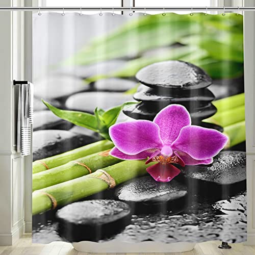 Vgzsyomqib 3D Zen Duschvorhang Antischimmel Wasserdicht für Badewanne Natur Orchidee Stoff Vorhang Shower Curtains 120 x 200 Lang Grün Bambus Schwarz Duschvorhänge Waschbar Textil mit Haken von Vgzsyomqib