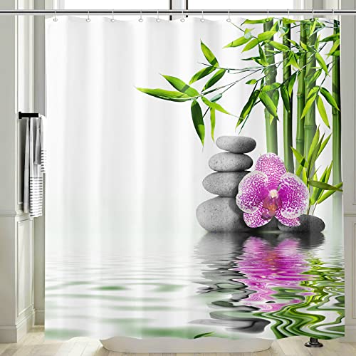 Vgzsyomqib 3D Zen Duschvorhang Antischimmel Wasserdicht für Badewanne Natur Orchidee Stoff Vorhang Shower Curtains 180x180 Lang Grün Bambus Weiß Duschvorhänge Waschbar Textil mit Haken von Vgzsyomqib