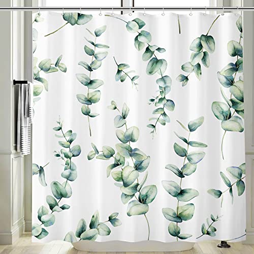 Vgzsyomqib Grün Eukalyptus Duschvorhang Antischimmel Wasserdicht für Badewanne Natur Pflanzen Weiß Vorhang Shower Curtains 120 x 200 Blätter Motiv Duschvorhänge Waschbar Textil mit Haken von Vgzsyomqib