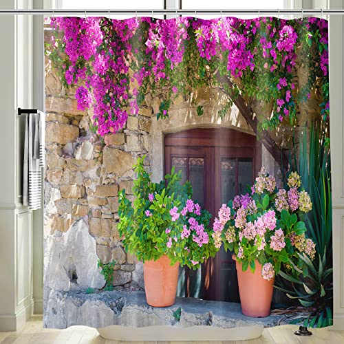 Vgzsyomqib Italien Motiv Duschvorhang Anti Schimmel Wasserdicht Badewanne 3D Rosa Blumen Stoff Bad Vorhang Shower Curtains 180x200 Lang Natur Bunt Duschvorhänge Waschbar Textil mit Haken von Vgzsyomqib