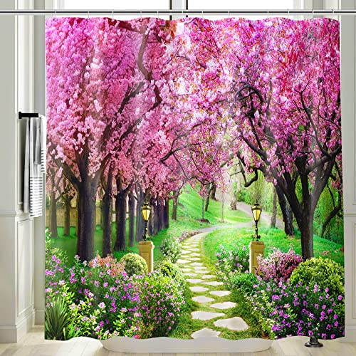 Vgzsyomqib Japan Wald Duschvorhang Anti Schimmel Wasserdicht Badewanne Rosa Blumen Stoff Bad Vorhang Shower Curtains 180x180 Lang Grün Natur Pflanzen Duschvorhänge Waschbar Textil mit Haken von Vgzsyomqib