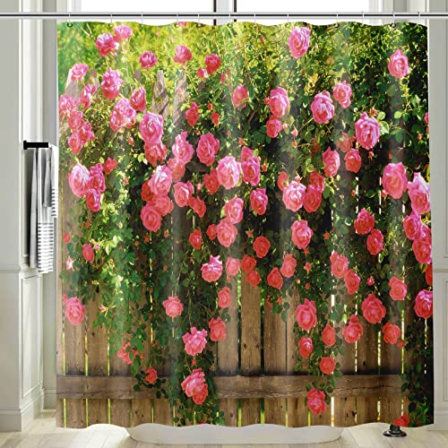 Vgzsyomqib Rosa Blumen Duschvorhang Anti Schimmel Wasserdicht Badewanne 3D Holzoptik Stoff Bad Vorhang Shower Curtains 180x200 Lang Natur Pflanzen Duschvorhänge Waschbar Textil mit Haken von Vgzsyomqib