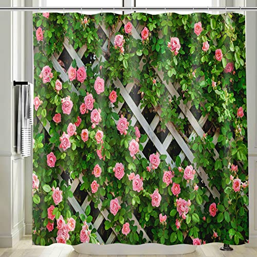 Vgzsyomqib Rosa Blumen Duschvorhang Anti Schimmel Wasserdicht Badewanne Grün Blätter Stoff Bad Vorhang Shower Curtains 180x180 Lang Natur Pflanzen Duschvorhänge Waschbar Textil mit Haken von Vgzsyomqib