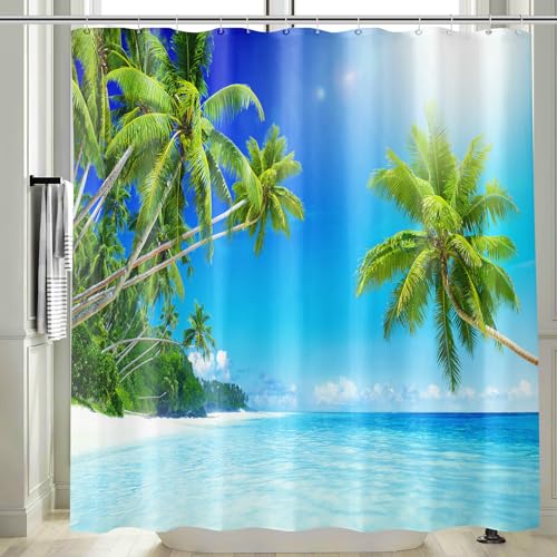 Vgzsyomqib Strand Meer Duschvorhang 180x180 Anti Schimmel Wasserdicht für Badewanne Stoff Shower Curtains 3D Insel Grün Palmen Blau Ocean Motiv Duschvorhänge Waschbar Textil von Vgzsyomqib