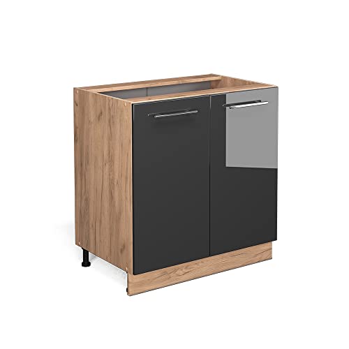 Vicco Spülenunterschrank Fame-Line, Anthrazit Hochglanz/Goldkraft Eiche, 80 cm mit Regal, ohne Arbeitsplatte von Vicco