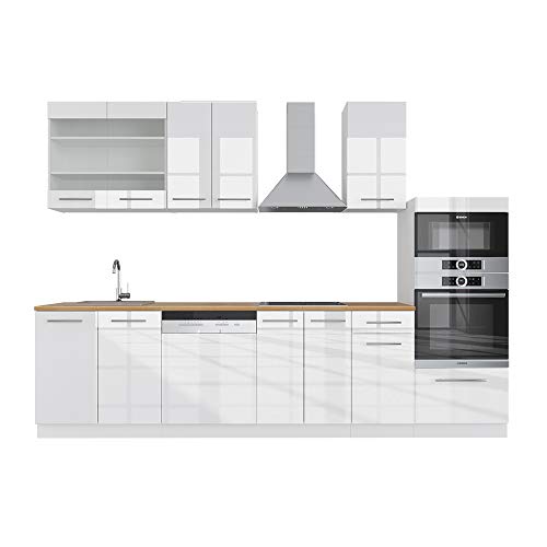 Vicco Küchenzeile Fame-Line, Weiß Hochglanz/Weiß, 300 cm mit Hochschrank, AP Eiche von Vicco