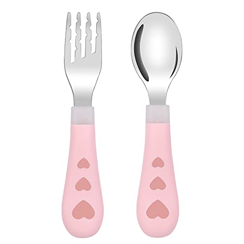 Vicloon Baby Gabel und Löffel Set, Edelstahl Besteck Set mit Cartoon Gestalten, Selbsternährende Lernutensilien, Babybesteck für Baby, Kleinkind, Kinder - Rosa Liebe von Vicloon