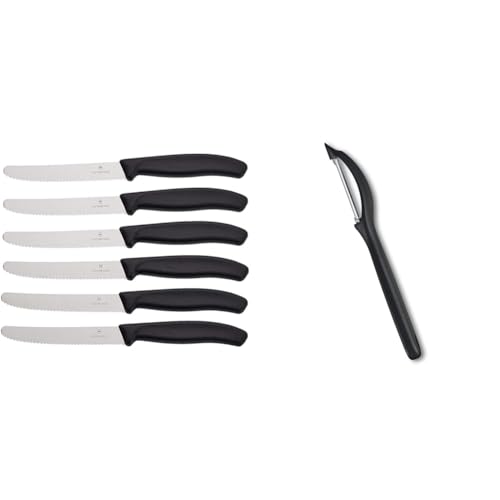 Victorinox Swiss Classic 6 Stück Tomatenmesser mit Wellenschliff, 11 cm Klinge, schwarz & Universalschäler für Obst, Gemüse, rostfreie Pendelklinge, Zackenschliff, Zweischneidig, schwarz von Victorinox