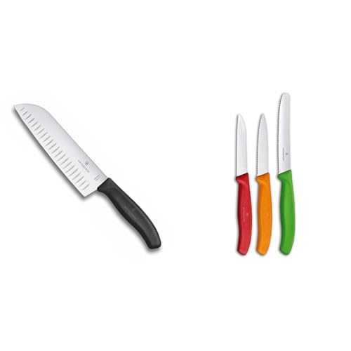 Victorinox Swiss Classic Santokumesser, Messer Asiatischer Art & Swiss Classic Gemüsemesser-Set, 3-teilig, Obstmesser, Gerader Schliff, Extra Scharf, Robuster Kunststoffgriff, mehrfarbig von Victorinox