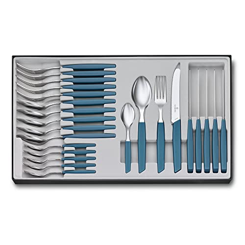 Victorinox Swiss Modern Besteck-Set für 6 Personen, 24-teilig, inkl. scharfe Messer mit Wellenschliff, Kunststoffgriffe, Kornblumen-Blau von Victorinox