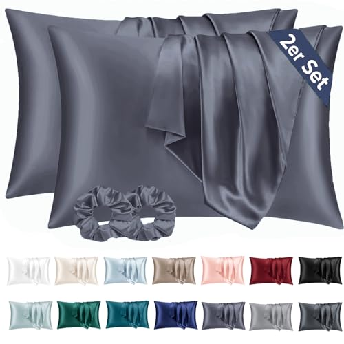 Vielit 2 Stück Satin Kissenbezug 40x60 Blau-violett, Weich wie Seidenkissenbezug, Bessere Pflege als Silk Pillosecase, Satin Kopfkissenbezug Kissenhülle für Haar und Haut kommt mit 2 Haargummis von Vielit