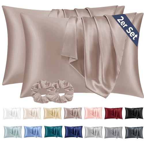 Vielit 2er Set Satin Kissenbezug 40 x 80 Braun, Weich wie Seidenkissenbezug 40x80,Bessere Pflege als Silk Pillosecase,Satin Kopfkissenbezug Kissenhülle für Haar und Haut mit 2 Haargummis von Vielit