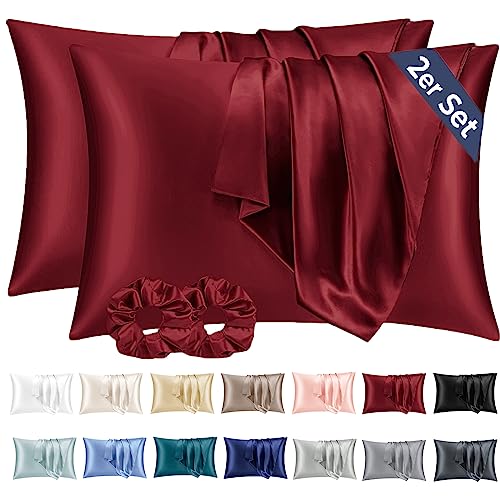 Vielit 2er Set Satin Kissenbezug 50x70 Rot, Weich wie Seidenkissenbezug,Bessere Pflege als Silk Pillosecase,Satin Kopfkissenbezug 50x70 Kissenhülle für Haar und Haut mit 2 Haargummis von Vielit