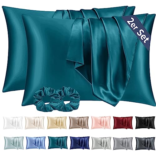 Vielit 2er Set Satin Kissenbezug 50x80 Petrol, Weich wie Seidenkissenbezug,Bessere Pflege als Silk Pillosecase,Satin Kopfkissenbezug 50x80 Kissenhülle für Haar und Haut mit 2 Haargummis von Vielit