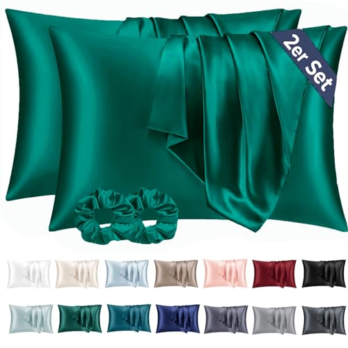 Vielit 2er Set Satin Kissenbezug 50x70 Dunkelgrün, Weich wie Seidenkissenbezug,Bessere Pflege als Silk Pillosecase,Satin Kopfkissenbezug 50x70 Kissenhülle für Haar und Haut mit 2 Haargummis von Vielit