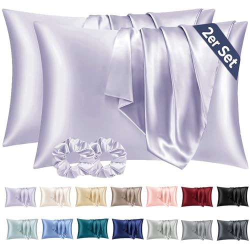 Vielit 2er Set Satin Kissenbezug 50x80 Lila, Weich wie Seidenkissenbezug,Bessere Pflege als Silk Pillosecase,Satin Kopfkissenbezug 50x80 Kissenhülle für Haar und Haut mit 2 Haargummis von Vielit