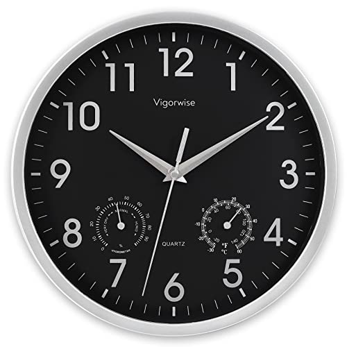 Vigorwise Wanduhr, Sweep Silent Movement Genaue Uhren mit Temperatur & Luftfeuchtigkeit, dekorativ für Küche/Wohnzimmer/Schlafzimmer/Büro/Badezimmer/Klassenzimmer (Silber, 25,4 cm) von Vigorwise