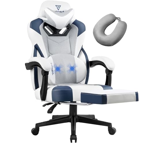 Vigosit Gaming Stuhl PRO, Gaming Sessel Bürostuhl Ergonomische für Erwachsene, Office Nap Gaming Chair Stühle schreibtischstuhl mit Sitzkissen Fußstütze, Mesh Drehstuhl Massagesessel (Weiß Blau) von Vigosit