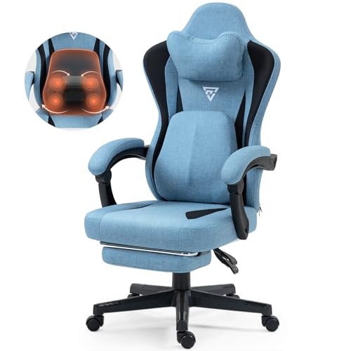 Vigosit Gaming Stuhl mit Beheizter Massage Lendenwirbelstütze, Stoff Gamer Stuhl mit Tasche Frühling Kissen und Fußstütze, Roß und Hoch Ergonomisch Gamer Bürostuhl 150 kg Belastbarkeit (Blau) von Vigosit