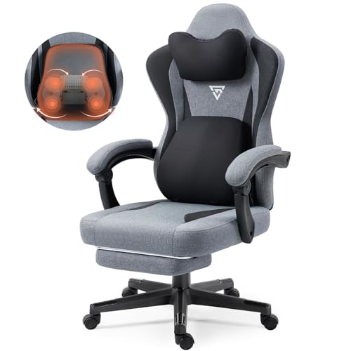 Vigosit Gaming Stuhl mit Beheizter Massage Lendenwirbelstütze, Stoff Gamer Stuhl mit Tasche Frühling Kissen und Fußstütze, Roß und Hoch Ergonomisch Gamer Bürostuhl 150 kg Belastbarkeit (Grau) von Vigosit