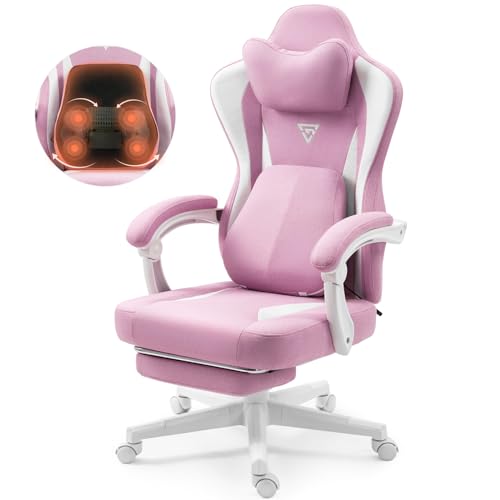 Vigosit Gaming Stuhl mit Beheizter Massage Lendenwirbelstütze, Stoff Gamer Stuhl mit Tasche Frühling Kissen und Fußstütze, Roß und Hoch Ergonomisch Gamer Bürostuhl 150 kg Belastbarkeit (Rosa) von Vigosit