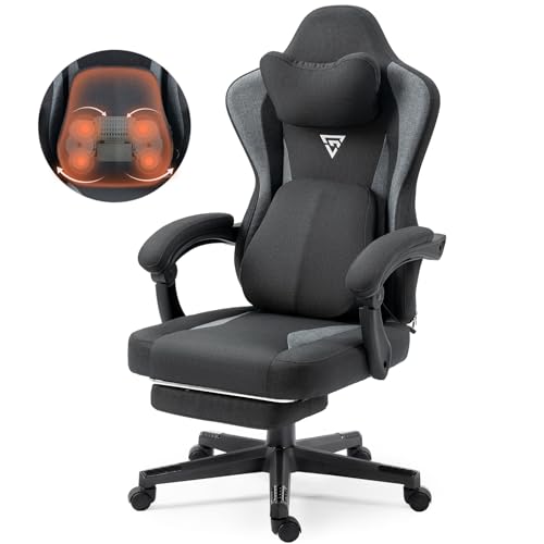 Vigosit Gaming Stuhl mit Beheizter Massage Lendenwirbelstütze, Stoff Gamer Stuhl mit Tasche Frühling Kissen und Fußstütze, Roß und Hoch Gamer 150 kg Belastbarkeit (Schwarz) von Vigosit